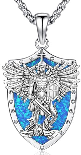 St. Michael Halskette 925 Sterling Silber Blauer Opal Erzengel Michael Kette, Religiöse Halskette Amulett Schmuck, Geschenke für Damen Herren