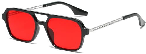 RUNHUIS Vintage Klassische 70er Jahre Quadratische Sonnenbrille für Damen Herren Trendy Retro Slim Rechteck Brille Schwarz-Silber/Rot