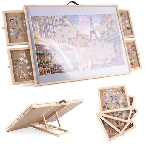 Ruication Jigsaw Puzzle Board Folding Tilting Puzzle Table Wooden Jigsaw Board Non-Slip Mat Surface for 1000 pieces 4 Sliding Drawers Storage System For Adults Kids Children Boy Girl Gift