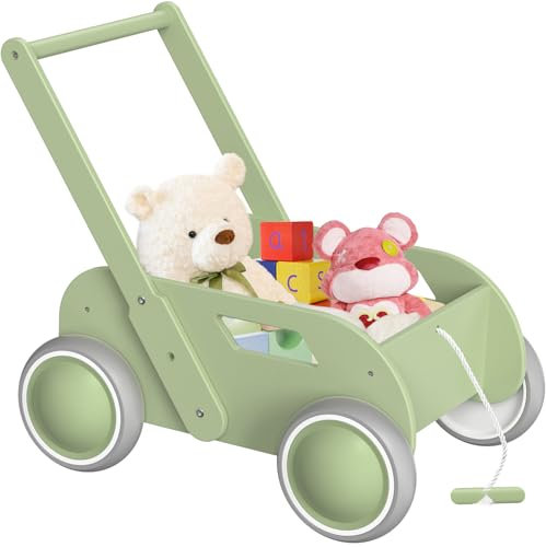 Lauflernwagen Holz, Baby Lauflernhilfe für Junge und Mädchen, Toddler Push & Pull Lauflernspielzeug, Kinderwagen aus Holz, Baby Walker mit Rädern, Geschenk für Geburtstag Weihnachten, Grün
