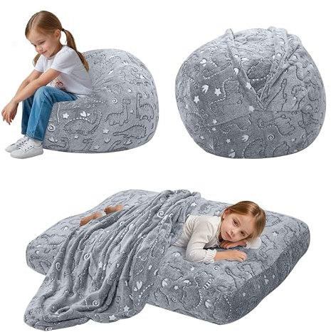 MeMoreCool Sitzsack für Kinder Flauschig mit Füllung, Kinder Sessel Sitzsackbett, umwandelbarer Sitzstuhl in Bodenmatratze, Sitzsäcke fürs Kuschelecke Kinderzimmer für Mädchen und Jungen, Grau Dino