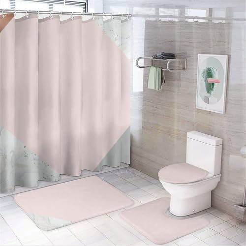 FJQWKLF 4 Pcs Shower Curtain Sets, Marble, Rose Gold, Grey and Blush Pink Bathroom Sets with Shower Curtains, Non-Slip Bath Mat, Toilet Lid Cover and U Shape Mat 72 x 72