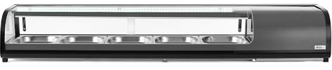 HENDI Sushi-Kühlvitrine, Arktic, mit 5x GN1/2 Behälter, Temperaturbereich: 0° bis 12°C, LED-Beleuchtung, Sushi-Kühlschrank, 230V/190W, 1800x420x(H)265mm, Edelstahl, ABS, Glas, schwarz