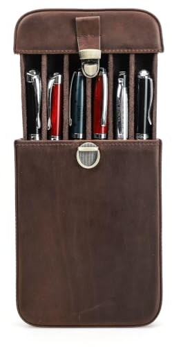 Top‑Grain‑Echtleder Etui für 6 Stifte, minimalistische modische Gestaltung, handgefertigt, Steckverschluss mit Schublade, Geschenk für Männer und Frauen, Bürogebrauch, glänzendes Kaffee, 6 Fächer