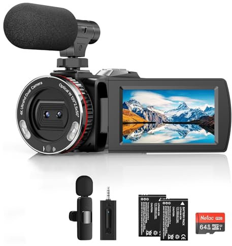 4K Camcorder, 64MP 60FPS Vlogging Camera with Wireless Microphone for YouTube, Ultra HD 3 Inch Flip Screen 21X Digital Zoom Video Recorder Camera with 64GB SD Card,Remote Control and 2 Batteries