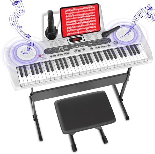 Verbessert Keyboard Piano, Klavier Keyboard für Anfänger, 61-Tasten E-Keyboard mit Keyboardständer, Klavierbank, Mikrofon, Kopfhörer, Notenständer, LED-Bildschirm, Zwei Lautsprecher, Lehrmodus
