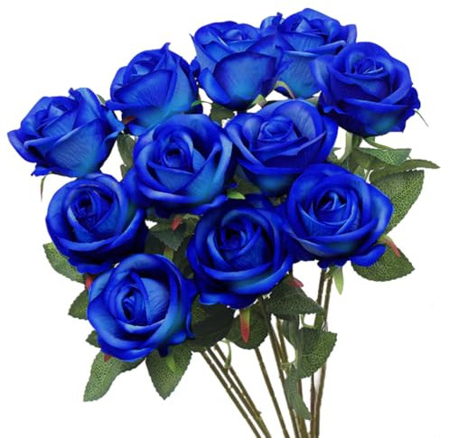 Magicherry 11 bouquet di rose artificiali, realistiche al tatto, rose in velluto con stelo lungo singolo, per matrimoni, centrotavola e decorazioni per la casa, blu