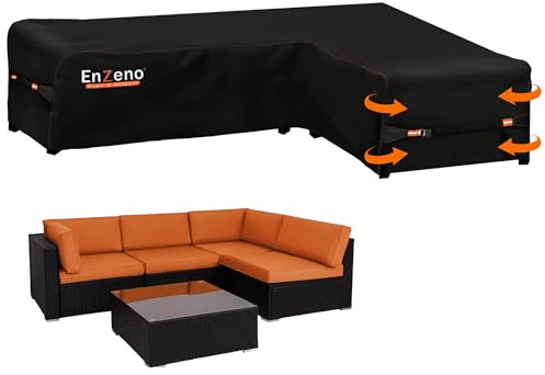 Enzeno Garden L-Shape Furniture Cover Waterproof,420D Heavy Duty Oxford Fabric Outdoor Rattan Corner Sofa Cover with Waterproof Tape (250 * 180 * 90cm) Black