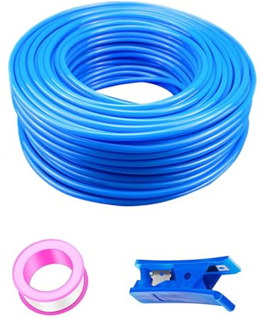 HUAZIZ 50 m Blau PU Pneumatikschlauch, Pneumatic Polyurethane Schlauch, Flexibel Druckluftschlauch, Außen 8 mm x Innen 5 mm + 1 Stück Blau Schlauchcutter +1Stück Rosa Teflonband
