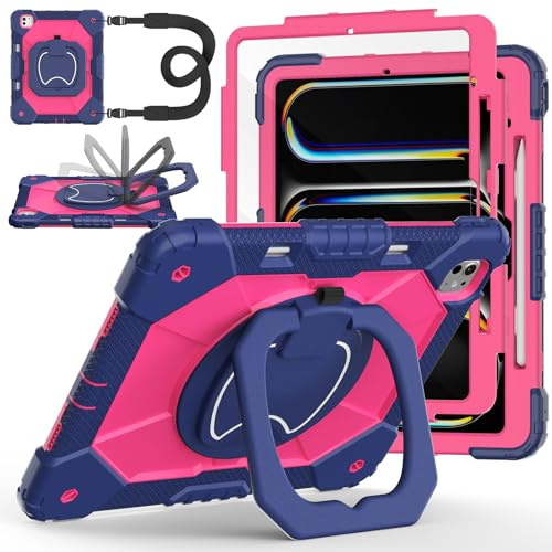 Hülle für iPad pro 13 Zoll M5 2025 / M4 2024, Auorld für iPad pro 13 Zoll M5 2025 mit Displayschutzfolie, 360 Grad drehbarer Ständer Schultergurt Stifthalter, Marineblau Rosa