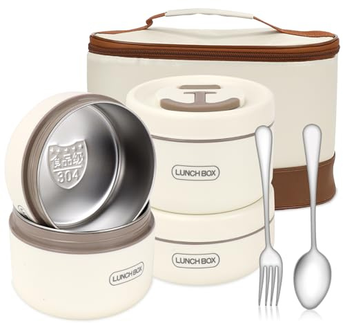 XJGQZ Insulated Bento Box, 4-Pack Stainless Steel Stackable Lunch Container | 304 Food-Grade Metal Liners; Three-Layer Aluminium Foil Bag; Spoon Fork Cutlery Included; Office Picnic Travel