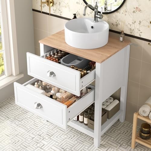 Meuble sous-Lavabo avec Vasque Ronde en Céramique – Meuble de Salle de Bain 81.7 cm avec 2 Tiroirs & Niche Ouverte – Structure en MDF, Finition Blanc & Bois Clair, Design Moderne et Élégant