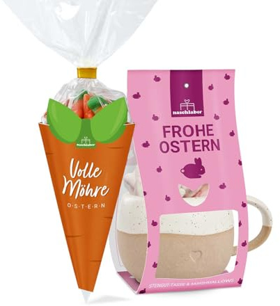 2er Ostergeschenkset Tasse Herz mit Marshmallows in Hasenform & Fruchtgummis in der Candytüte Volle Möhre Ostern | Süßes Ostergeschenk für Kinder & Erwachsene | Perfekt für Osterkorb & Frühling