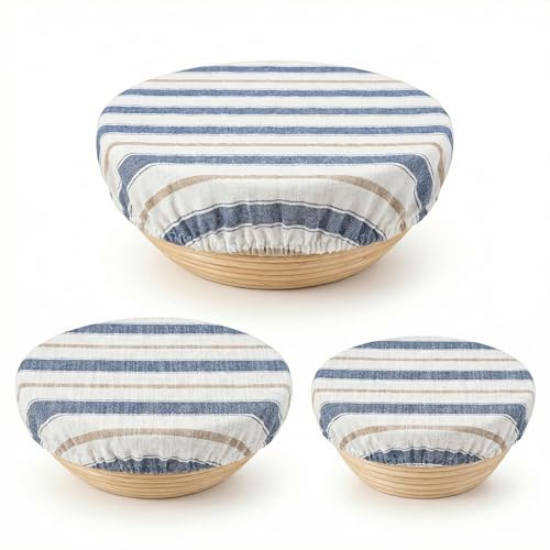 3 Pcs Beautiful Linen Cotton Blend Bowl Covers, Bread Proofing Basket Cloth Liner, Elastic Linen Breads Proofings Liners for Sourdough Baking, Fit Your Bowls 8 to 12 - Durable Fabric Covers