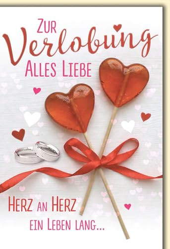 Verlobungskarte für Paare - Romantisch - Herz-Lollis mit roten Schleife und Eheringen - Klappkarte mit Umschlag
