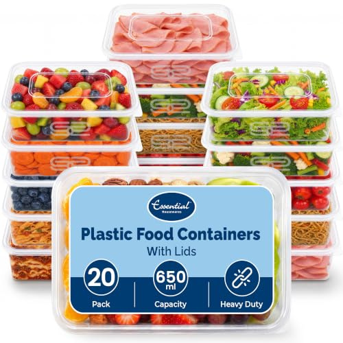 Euro Classic Essential Housewares 20 Plastic Food Containers with Lids - 650ml. BPA-Free Leak-Proof Plastic Lunch Box Meal Prep Containers Reusable. Lunchbox Snack Box Food Storage Containers.