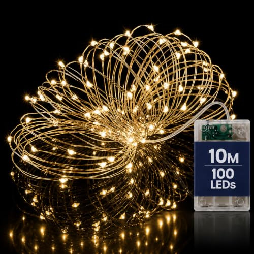 HomlyPro LED Fairy Lights 10M 100 LEDs - Warm White Battery Operated String Lights, Flexible Waterproof Copper Wire, for Bedroom, Garden, Balcony, Party, Wedding & Festive Decorations