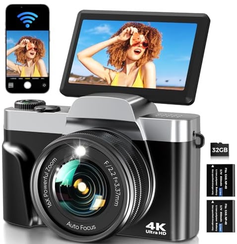 Fotocamera Digitale WiFi 4K 64MP Macchina Fotografica Digitale Compatta | Schermo Ribaltabile 3 180°, Autofocus, Zoom Digitale 16X, Flash, 2 Batterie e Scheda 32GB per Vlogging e Fotografia