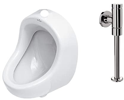 VBChome SET Urinal Zulauf Oben Weiß Modern Hochwertig Keramik Pinkelbecken senkrecht Pissoir + Spülventil Urinalspüler Druckspüler Schellomat