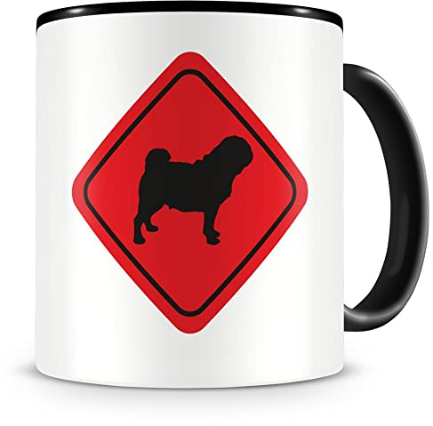 Samunshi® Mops Warnschild Hunde Tasse Kaffeetasse Teetasse Kaffeepott Kaffeebecher Becher H:95mm/D:82mm schwarz