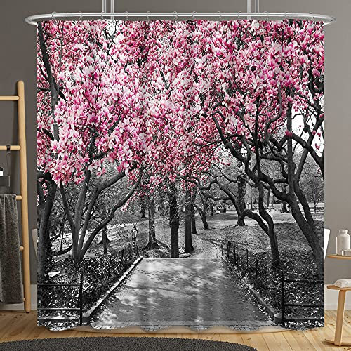 Riyidecor Blühender rosa und grauer Duschvorhang, Waldblumen, Kirschblüten, Park, Frühling, Blumenbäume, Straßenlandschaft, landschaftlicher Stoff, 183x183 cm, 12 Duschhaken aus Kunststoff