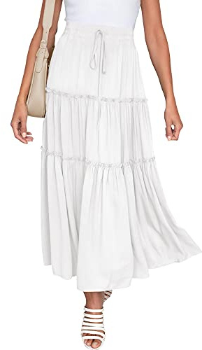 NASHALYLY Maxi gonne Svasate Svasate da Donna in Chiffon Elastico a Vita Alta a Pieghe, Bianco, L
