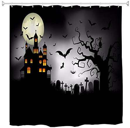 A.Monamour Spooky Nuit Halloween Hantée Maison Pierre Tombale Battant Chauve-Souris Arbre Mort Autour De La Lune Scène Effrayante Imperméable Tissu Rideau De Bain Polyester Rideau De Douche 150x180cm