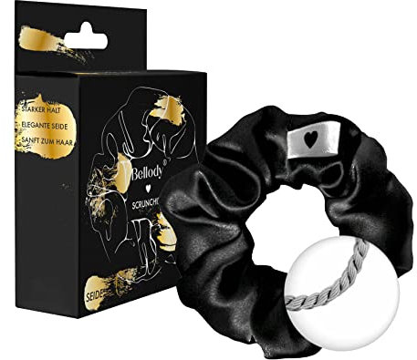 Bellody® Scrunchies Samt – Samtig weich, starker Halt, Velvet Look, exklusive Farben (1 Stück -Seide Schwarz)