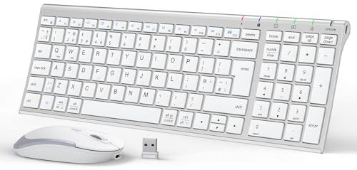 iClever GK03 Wireless Keyboard and Mouse Combo - 2.4G Portable Wireless Keyboard Mouse, Rechargeable Battery Ergonomic Design Full Size Slim Thin Stable Connection Adjustable DPI, Silver and White