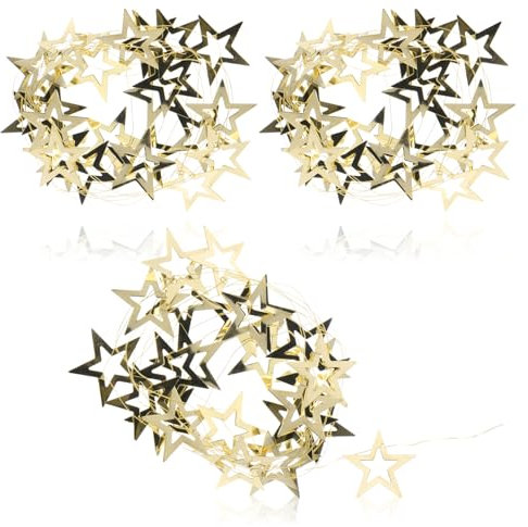 com-four® 3X Goldfarbene Girlande mit Sternen - Weihnachtsgirlande für Christbaumschmuck - Stern-Girlande für Adventskranz - je 2 m
