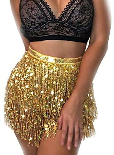 Larancie Paillettenrock, Bauchtanz, Quaste, Schal, Pailletten, Wickelrock, Party, Rave-Kostüm für Damen und Mädchen, Halloween (Gold).