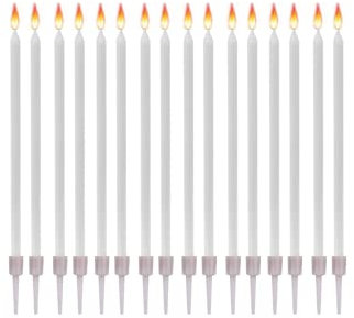 16 Geburtstagskerzen Lange Dünne mit Haltern - Größe 12 cm x 0,5 cm - Farbe Weiß