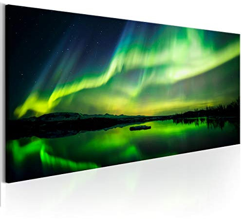 decomonkey Akustikbild Polarlicht 120x40 cm 1 Teilig Leinwand Modern Bilder Wandbilder XXL Schallschlucker Schallschutz Akustikdämmung Wandbild Deko Leise Landschaft Nordlicht schwarz grün