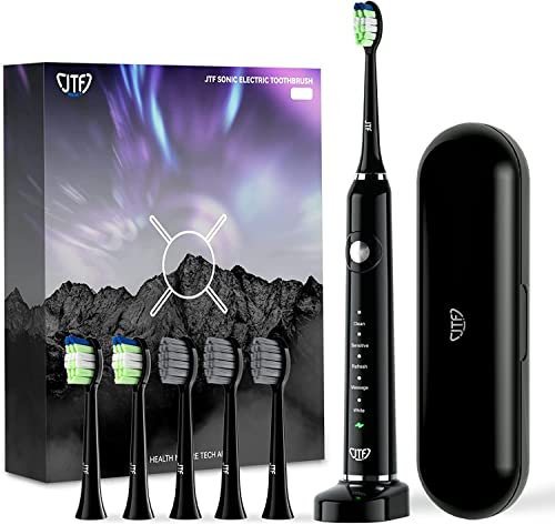 JTF Sonic Electric Toothbrushes for Adults,Sonic Toothbrush with 5 Modes and 2 Mins Smart Timer,Power Toothbrushes with 6 Heads and Travel Case,One Charge for 60 Days Use,Black