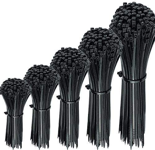 Oksdown 300 Pcs Black Cable Ties Assorted Sizes 100/150/200/250/300mm Mixed Pack Heavy Duty Plastic Zip Tie 2.5/3.6mm Width Nylon Tie Wraps