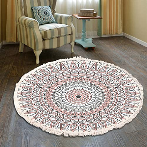 Tomifine Teppich Rund Bohemian Blume Groß Teppich Mandala Muster Quasten Waschbarer Baumwolle Teppich Wohnzimmer Schlafzimmer (80cm,Rosa)