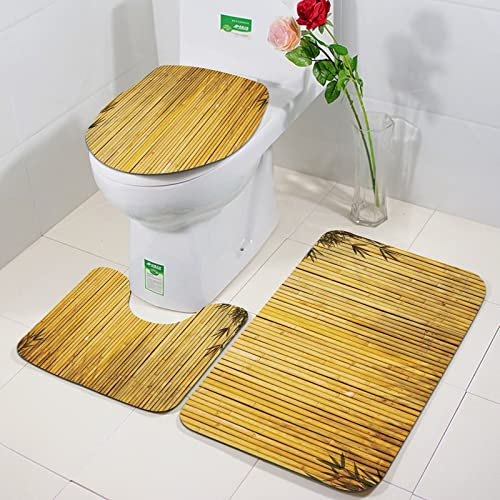 Ensemble Tapis de Bain 3 Set,Bamboo, hautes tiges et feuilles de bambou orientales nature bois image naturelle zen art de l,WC Tapis Contour Tapis de Salle antidérapant de Doux et Confortable Lavable