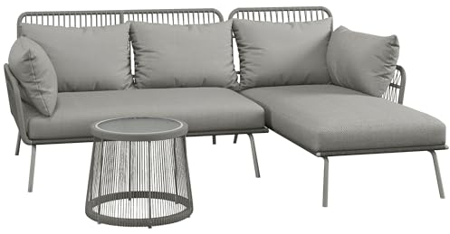 Outsunny 3 TLG. Rattan Gartenmöbel-Set, Sitzgruppe mit Kissen, Gartengarnitur mit 1 Beistelltisch, 1 Liegestuhl, 1 Doppelsofa, Sitzgarnitur für Garten, Terrasse, Stahl, Hellgrau