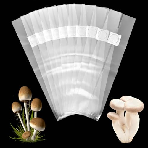 Cleminsta Sacchetti Coltivazione Funghi, Sacco per Coltivazione di Funghi, 25 x 50 cm, 10 Pezzi PP Mushroom Spawn Grow Bag, Filtro da 0,5 Micron, Accessori per Coltivazione di Funghi