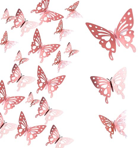 48 Stück 3D Schmetterlinge Deko, Rosa Wandtattoo, Rosegold Wandaufkleber Butterfly Aufkleber, für Wohnzimmer Kinderzimmer Weihnachten Hochzeit Party Wanddeko Tischdeko (Roségold)