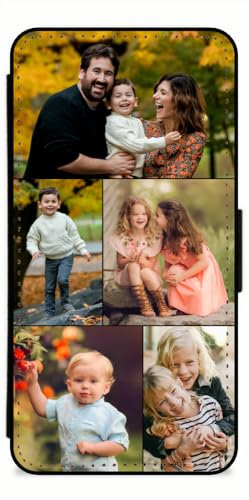 EKAM Personalised Case For iPhone 17, 16, 15, 14, Pro, Max, Plus 13, 12, 11, X, XS, XR, SE, 8, 7 - Custom Photo/Image Collage Layout Design on PU Leather Wallet Magnetic Flip Folio Cover (5 Images)