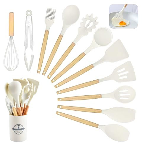 Kitchen Utensil Set, 12 PCS Silicone Cooking Utensils Set with Wooden Handle, Heat Resistant, Nonstick Cookware Tongs Spatula Spoon Set, Silicone Kitchen Utensils Set Suitable for Kitchen(Off White) 
