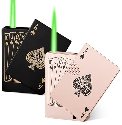 Sturmfeuerzeug Jetflamme, 2 Stück Metall Kreativ Poker Coole Feuerzeug, Gas Butan Nachfüllbar, Windfest und Langlebig Verkauft Ohne Gas Jetflame Feuerzeug für Frauen und Männern (Gold)