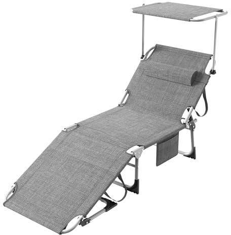 Sonnenliege mit Dach & Kopfkissen, Liegestuhl leicht - Extra Breit - mit Verstellbarer Rückenlehne & Seitentasche, Gartenliege, Strandliege Tragbar für Strand-Garten, Klappbare Sonnenliege, Leinengrau