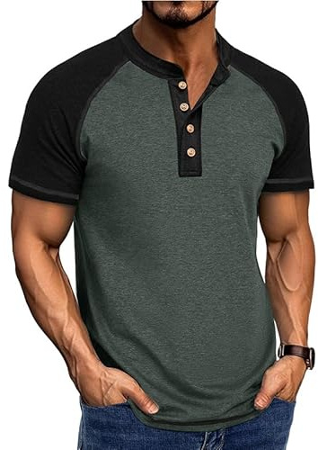 Halfword T Shirt Uomo Henley Maniche Corte Estate | Traspirante, Elasticità,Regular Fit,Sport Maglietta,Raglan,Bicolore Tshirt