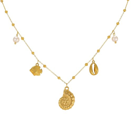 Sanixa Karma NH11108458 Halskette Damen Muscheln Perlen Gold 40 cm Kette Edelstahl Sommerschmuck für Frauen modern Damenhalskette wasserfest hypoallergen rostfrei Damenschmuck