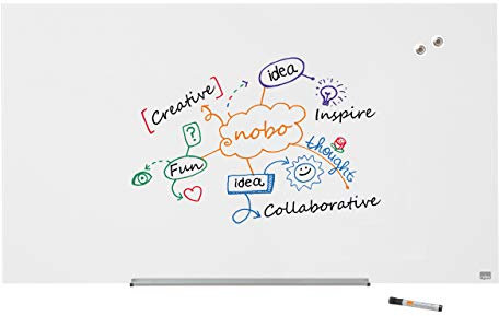 Nobo Glas Magnet-Whiteboard mit herausnehmbarem Stiftehalter, 1260 x 710 mm, InvisaMount Befestigungssystem, Impression Pro, Brillantweiß, 1905177