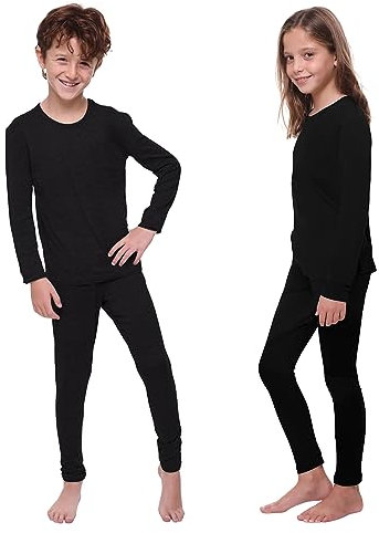 Kids Thermal Underwear Skins Set Long Sleeve Top Vest and Long Johns Leggings, Boys Girls Base Layer, Football, Sports, Ski Black 14-16