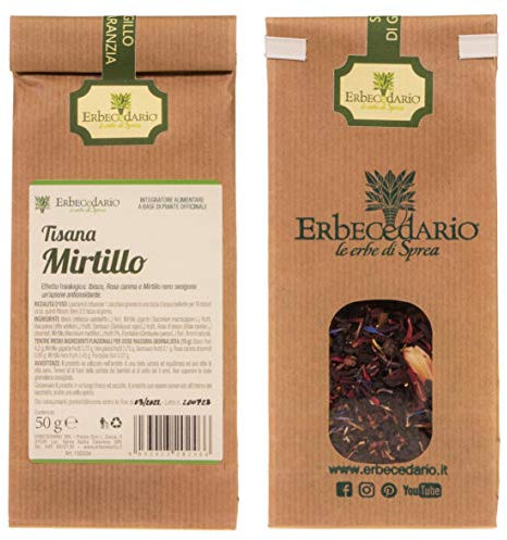 Erbecedario - Tisana Mirtillo Rosso e Nero con Frutti di bosco, Antiossidante con Vitamina C. Infuso da bere come Tisana fredda o calda, Rinfrescante e Dissetante dal Gusto Fruttato - Sacchetto 50g
