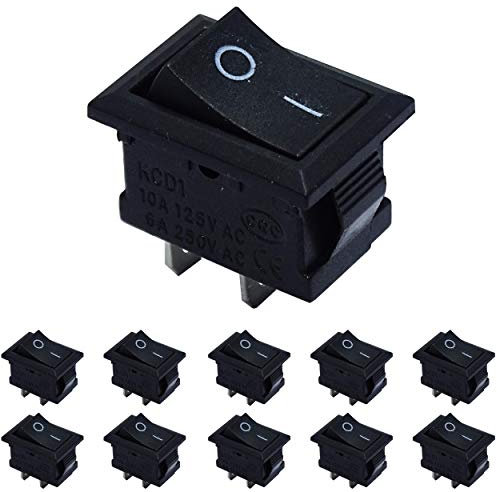 mmtrade | 10 Stück ON/OFF Mini Kippschalter, Wippschalter 21x15mm, Schalter einrastbare mit Selbsthemmung schwarz, 10A/125V, 6A/250V